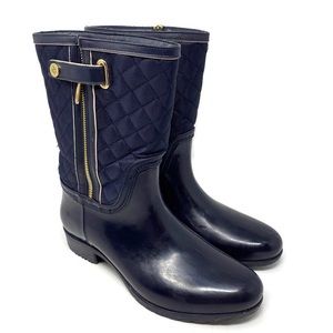 Tommy Hilfiger ‘Freez’ Rain Boots Navy Blue Quilted Gold Zipper Womens Sz 10